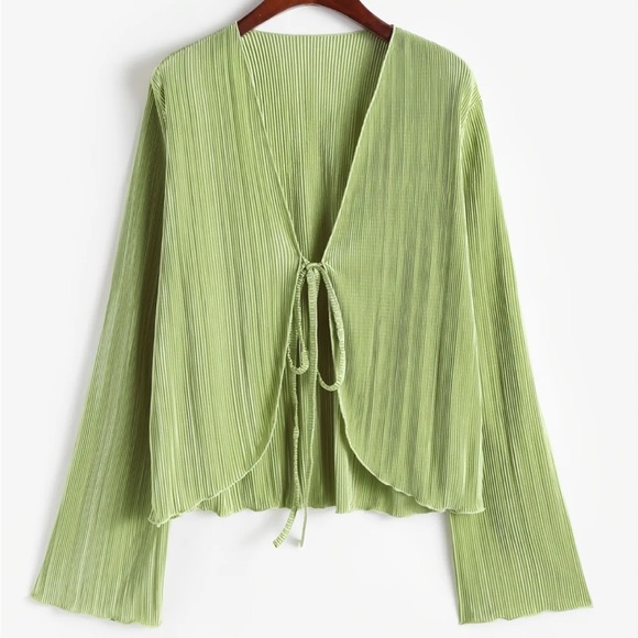Lettuce Trim Tie Front Textured Blouse - Picture 2 of 6